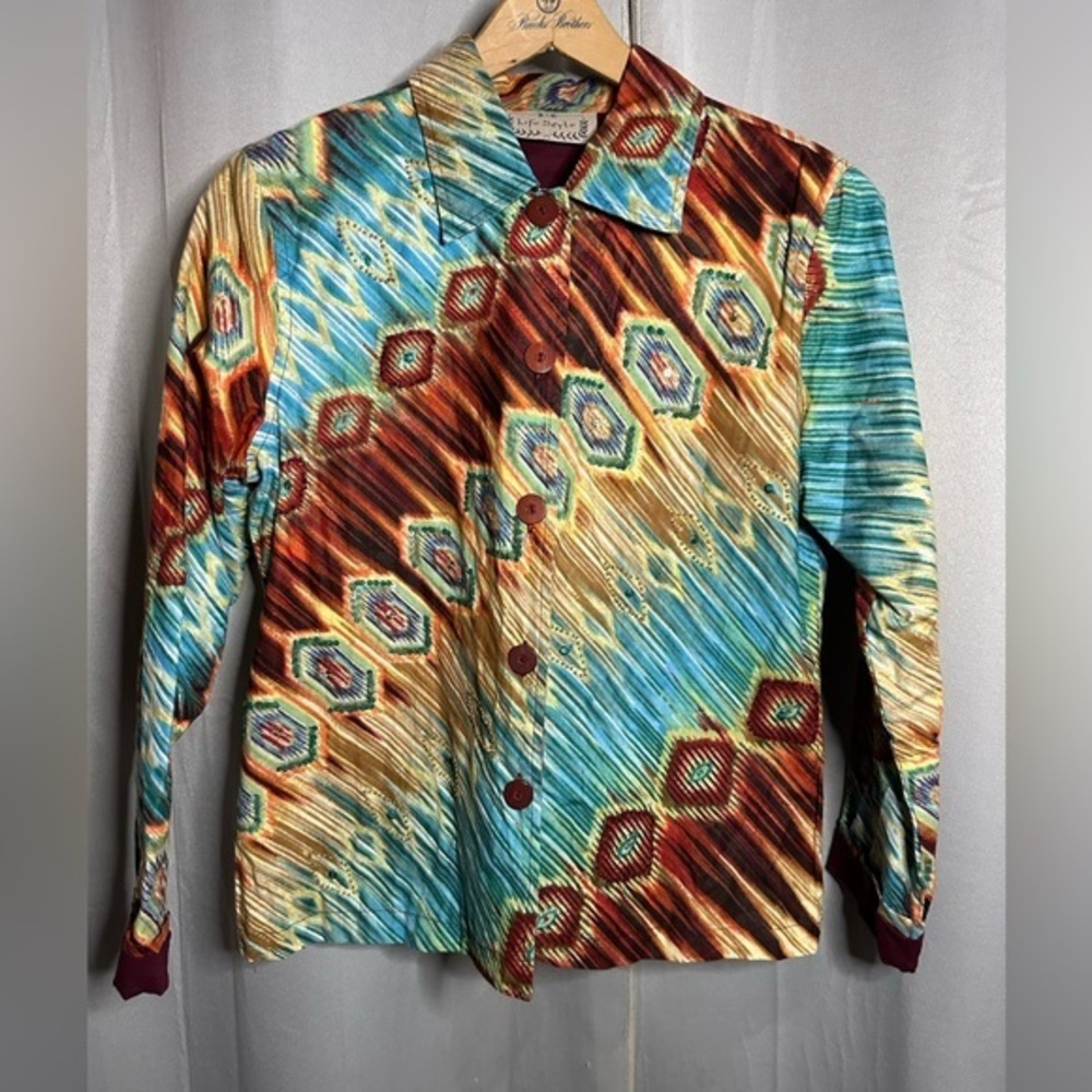 Life Style Women Multi Color Ikat Sequin Bead Cotton Button Front Jacket Small